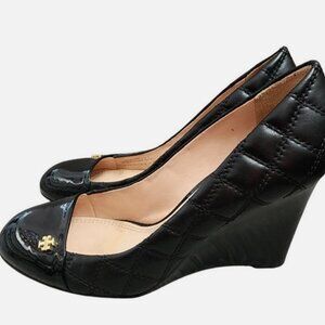 Tory Burch Claremont Quilted Leather Wedge Pump, Black, Size 8M